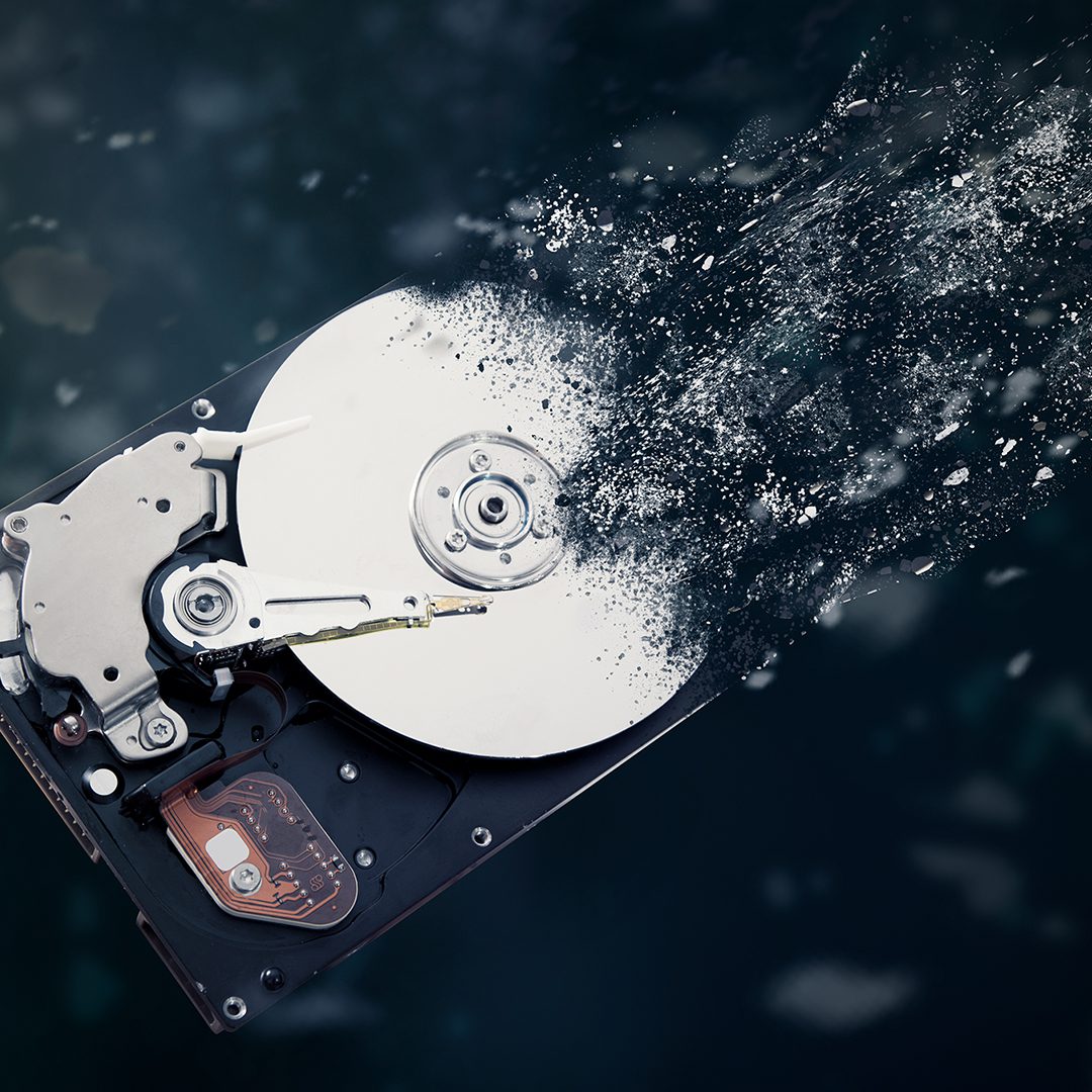The old hard disk drive is disintegrating in space.